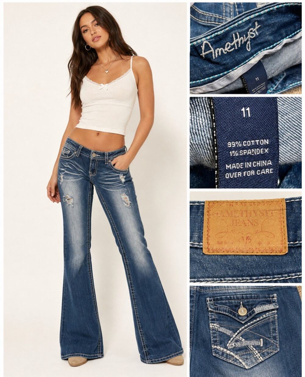 Y2K Indie Sleaze Amethyst Low Rise Bootcut Jeans Size 11 Medium Wash Distressed